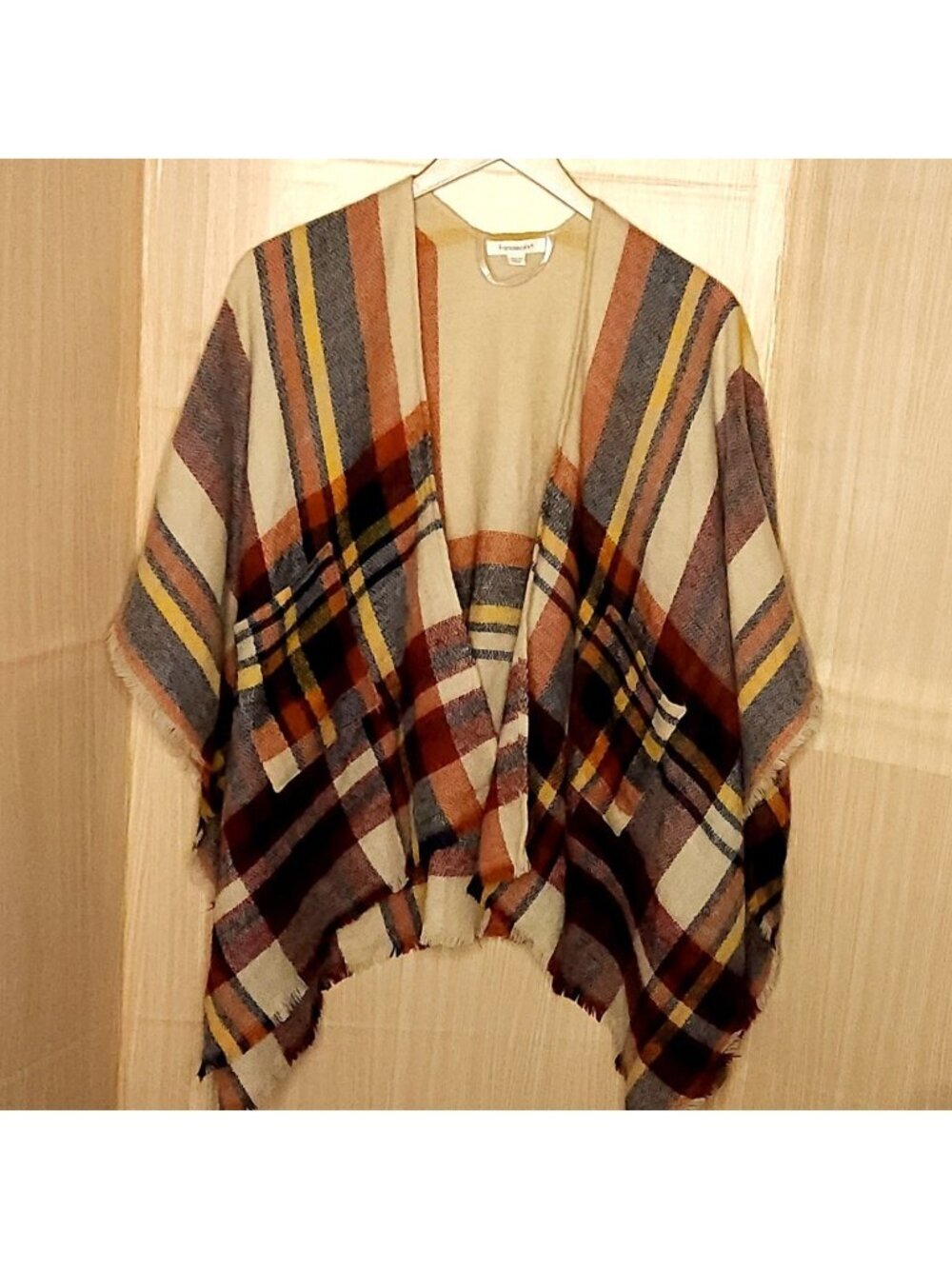 Francesca's Womens Tan Red Plaid Poncho Style Wrap OS